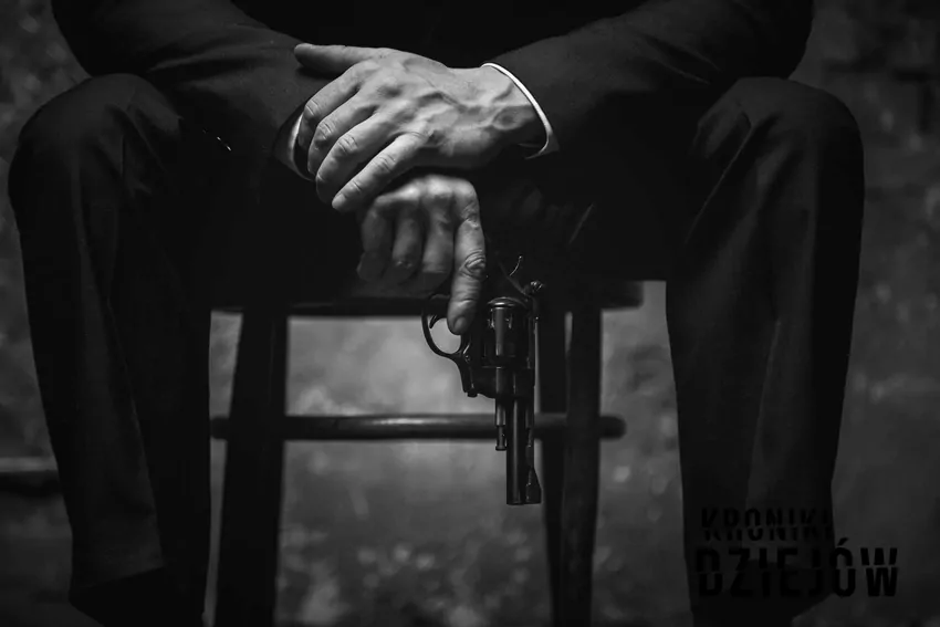 Mężczyzna trzymający w dłoni pistolet siedzący na krześle