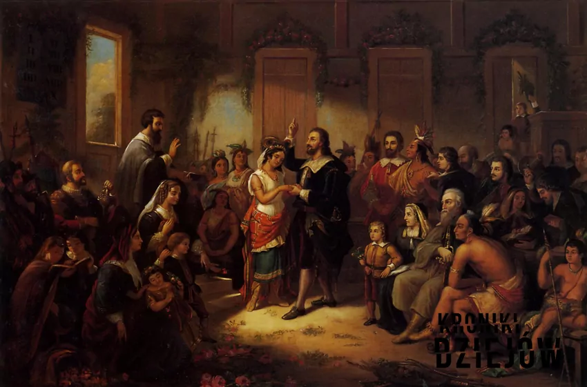 Ślub Pocahontas na obrazie Henry'ego Bruecknera (1855), fot. domena publiczna/Wikipedia Ślub Pocahontas na obrazie Henry'ego Bruecknera (1855)