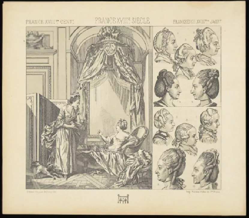 Utrzymywanie higieny w Wersalu Rycina ukazująca fryzury w Wersalu, a także informacje o zasadach higieny na królewskim dworze