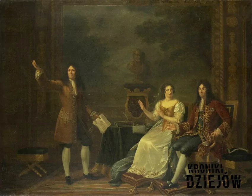 Dramaturg Racine czyta swoje dzieło przed Ludwikiem XIV i panią de Maintenon (domena publiczna) Racine przed Ludwikiem XIV i panią Maintenon
