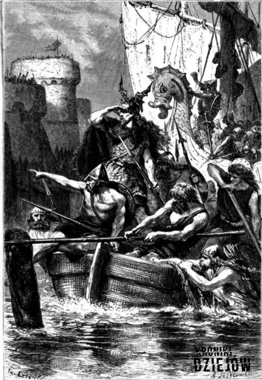 Próba natarcia wikingów na mury Paryża, rysunek z XIX wieku