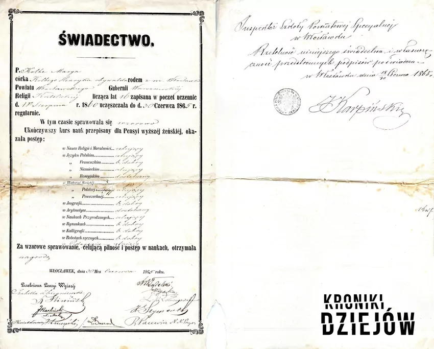 Świadectwo ukończenia przez Marię Kolbe wyższej pensji żeńskiej we Włocławku