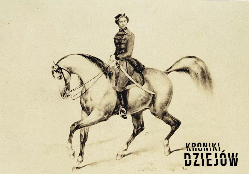 Anna Henryka Pustowójtówna ok. 1863 roku (domena publiczna) Pustowójtówna w mundurze i na koniu