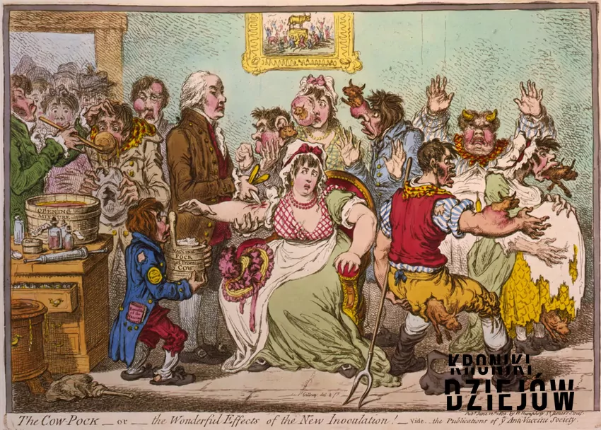 Karykatura Jamesa Gillraya z 1802 roku przedstawiająca Edwarda Jennera szczepiącego pacjentów, fot. domena publiczna/Wikipedia Karykatura Jamesa Gillraya z 1802 roku przedstawiająca Edwarda Jennera szczepiącego pacjentów