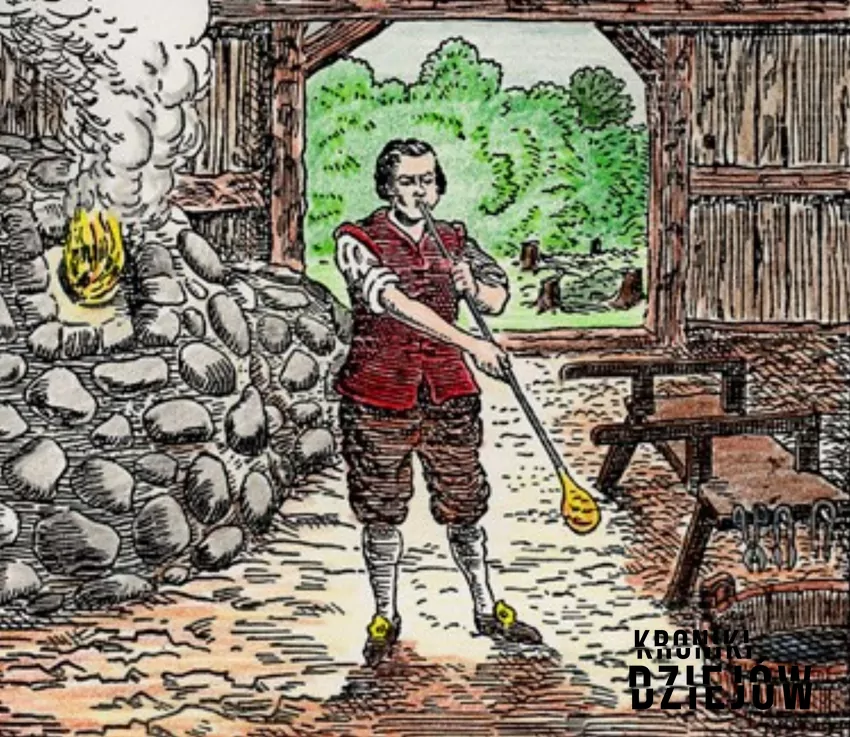Ilustracja przedstawiająca rzemieślnika z polskiej huty szkła w Jamestown