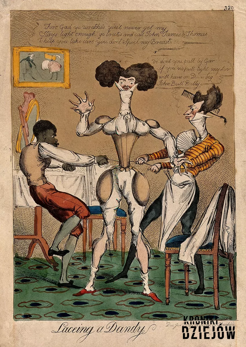 „Sznurowanie fircyka” – satyryczny rysunek przedstawiający mężczyznę wciąganego w gorset (1819)