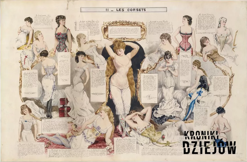 Humorystyczna ilustracja z "La Vie Parisienne" pokazująca różne style gorsetów (1881)