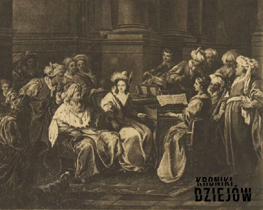 Sulejman Wspaniały związał się z Roskoliną, nieznaną Rosjanką - na obrazie przedstawiony władca z kochanką i malarz utrwalający jego wizerunek