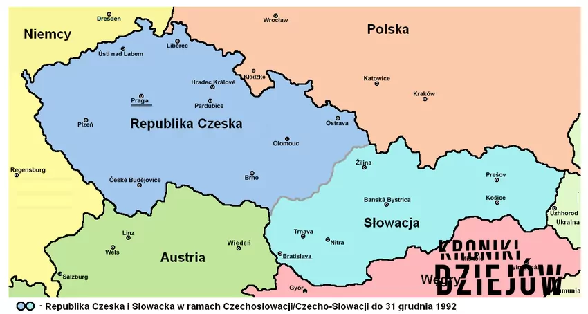 Rozpad Czechosłowacji sprawił, ze powstały dwa odrębne państwa - mapa obrazująca przebieg granic między Czechami a Słowacją