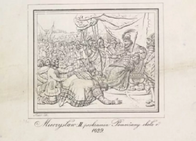 Mieszko II Lambert, czyli koronacja, panowanie, polityka, bitwy, działanie - fot. domena publiczna Mieszko II Lambert na Pomorzu wywalczył władzę w Polsce - rycina Franciszka Szmuglewicza z XVIII w.