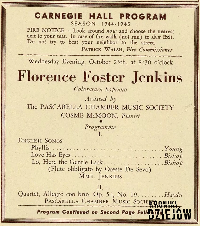 Program występu Florence Foster Jenkins w Carnegie Hall, fot. domena publiczna/Wikipedia Program występu Florence Foster Jenkins w Carnegie Hall
