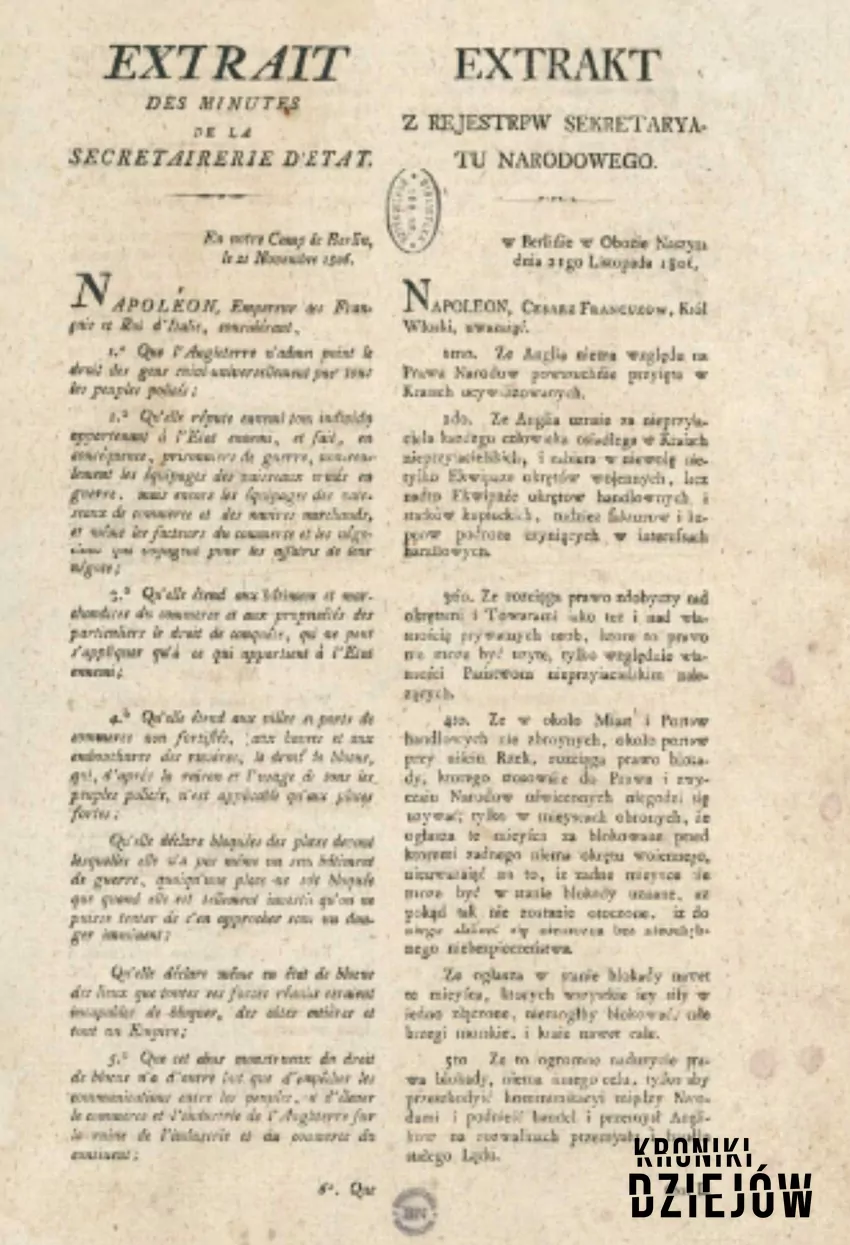Treść dekretu nakładającego Blokadę Kontynentalną, a także daty, strony, przyczyny i znaczenie