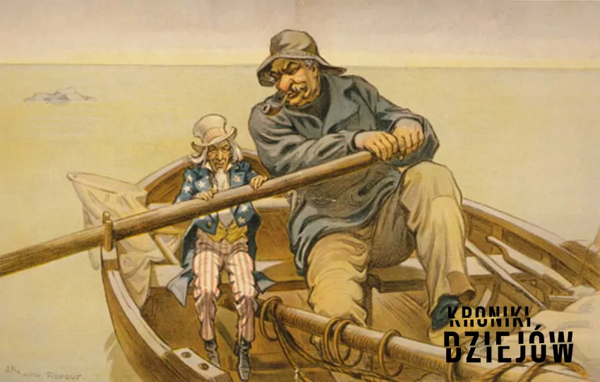 Rysunek satyryczny przedstawia przedsiębiorcę J.P. Morgana nieproporcjonalnie wielkiego w stosunku do wujka Sama. Ilustracja z 1911 roku - fot. domena publiczna 5 największych krachów na giełdach w historii świata, czyli najważniejsze wydarzenia i krachy krok po kroku