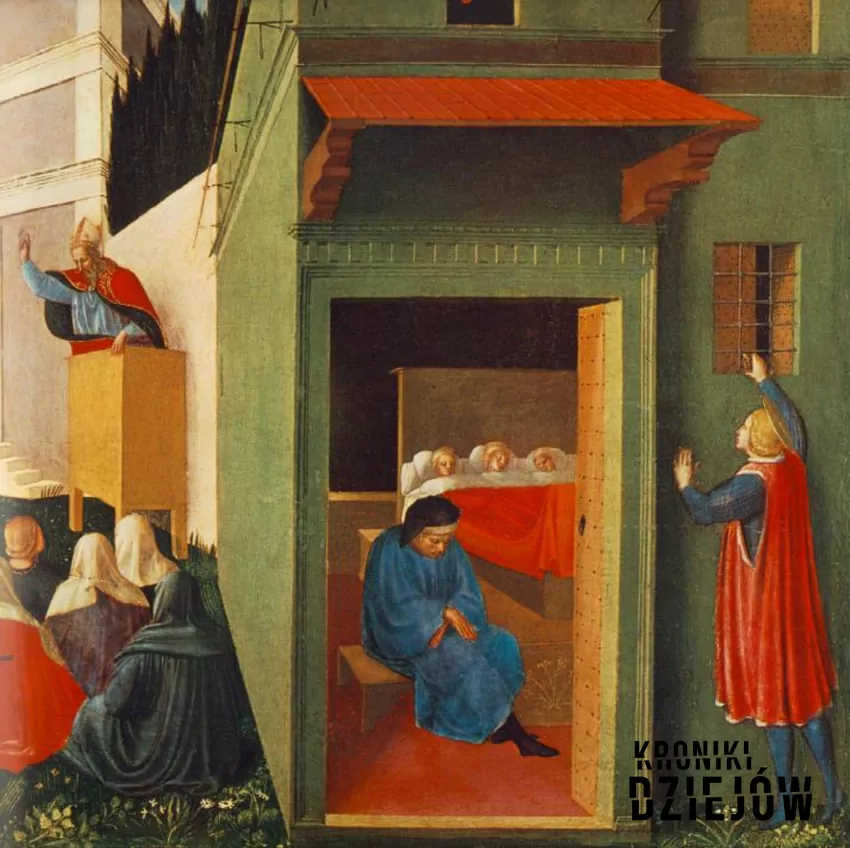 Święty Mikołaj wrzuca przez okno pieniądze na posag dla córek sąsiada, tempera na desce autorstwa Fra Angelico (1437)