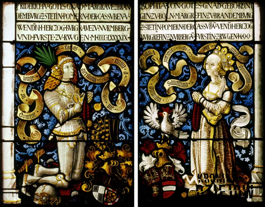 Zofia Jagiellonka z mężem Fryderykiem. Okno prezbiterium fary miejskiej w Langenburgu - fot. domena publiczna Dzieci Kazimierza Jagiellończyka i Elżbiety Rakuczanki, a także najważniejsze informacje o ich historii, rola dla Polski oraz małżeństwa