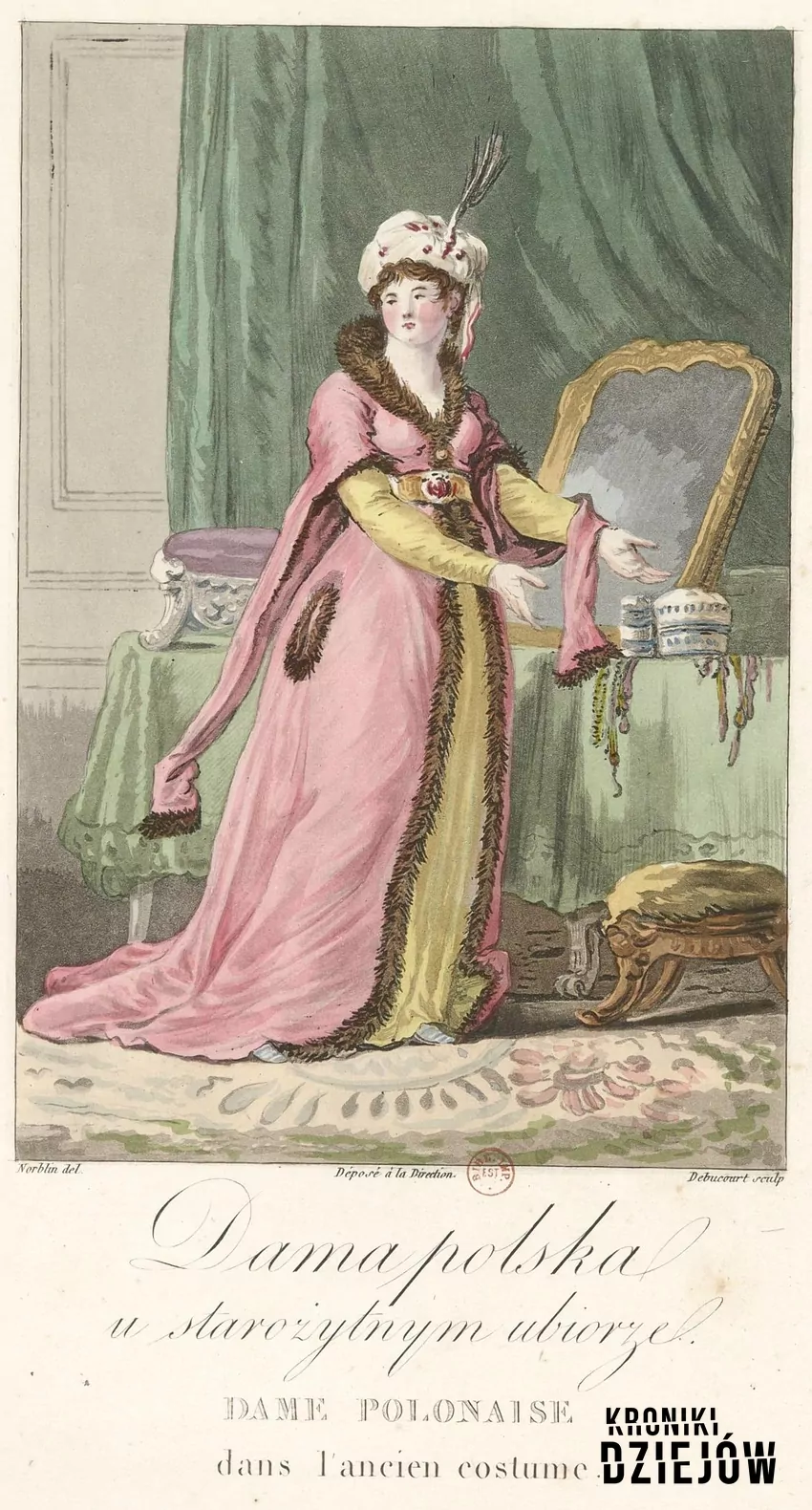 Dama polska w tradycyjnym ubiorze na ilustracji J.P. Norblina (koniec XVIII w.)