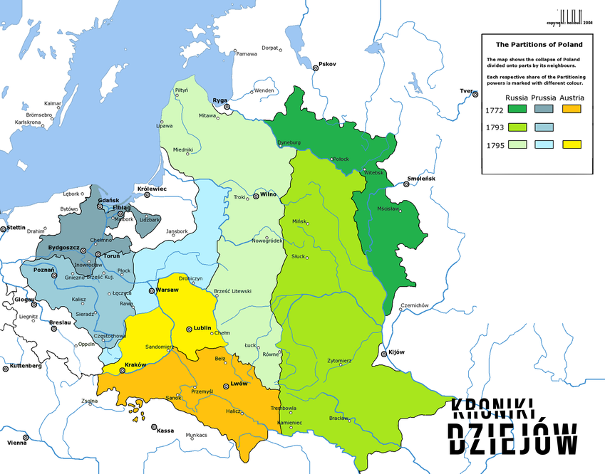 Skutkiem Powstania Kościuszkowskiego był III rozbiór Polski - mapa przedstawiająca III rozbiór kraju przez zaborców