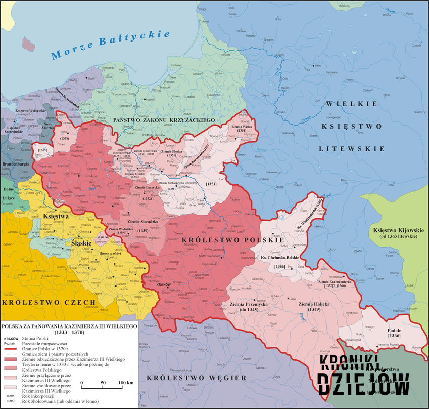 Polska za Kazimierza Wielkiego 1333-1370 r. - granice, zdobyte terytorium, nowo założone miasta
