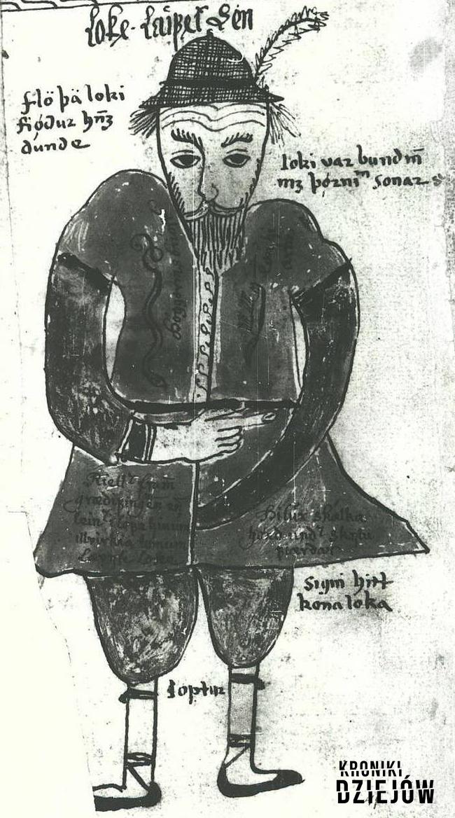 Czarno-biała fotografia XVII wiecznego manuskryptu, na którym widnieje okrutny Loki, Loki jako olbrzym mitologii nordyckiej