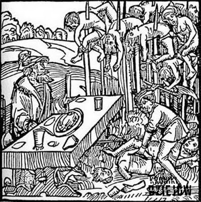 Okrutny Wład na broszurze z 1499 r. wydanej przez Markusa Ayrera w Norymberdze, ludzie nabici na pal w czasach średniowiecza