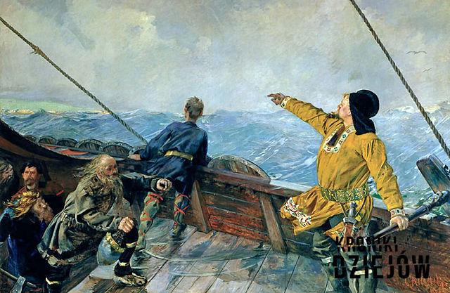 Obraz z galerii narodowej w Norwegii, Leif Eriksson płynie do Ameryki Północnej, czy wikingowie pierwsi odkryli Amerykę, skandynawscy osadnicy w Ameryce Północnej