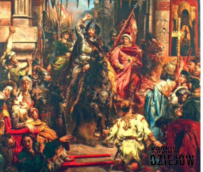 Obraz Jana Matejki przedstawiający wjazd Chrobrego do Kijowa. o lewej stronie, na lektyce, siedzi Przedsława