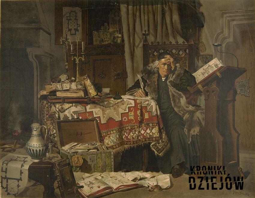 Jan Długosz podczas pisania kroniki Polski na obrazie Antoniego Gramatyki, a także pochodzenie, życiorys i twórczość